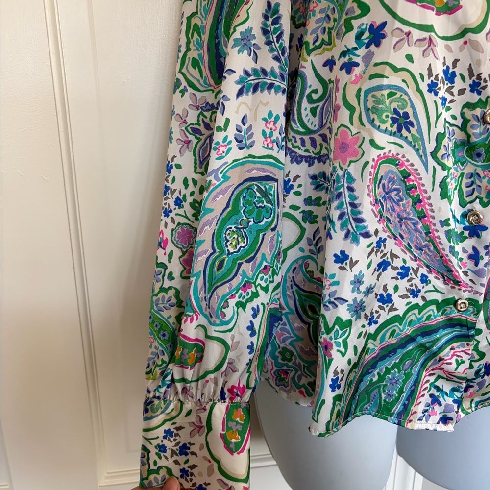 Zara Green & White Paisley Button-Up Blouse - Picture 2 of 4
